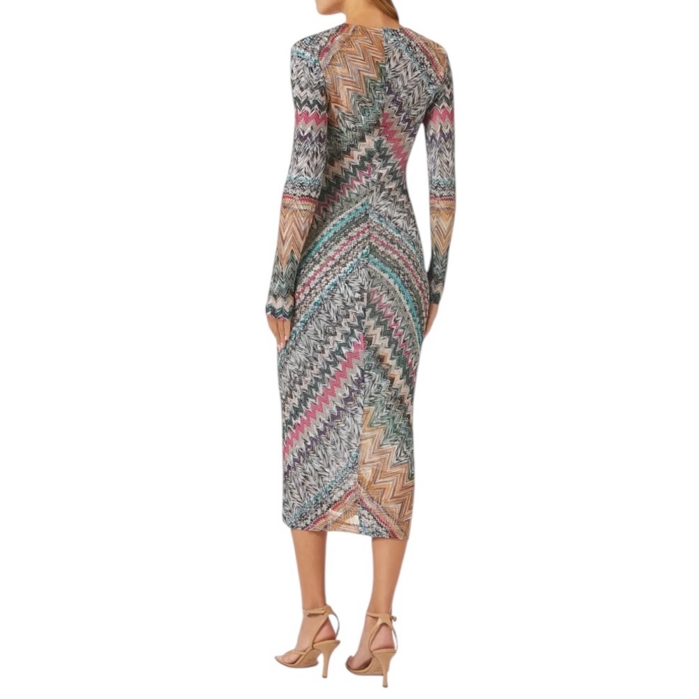 Missoni Multicolor Zig Zag Chevron Metallic Knitted V-Neck Midi Bodycon Dress 4 - Picture 13 of 16